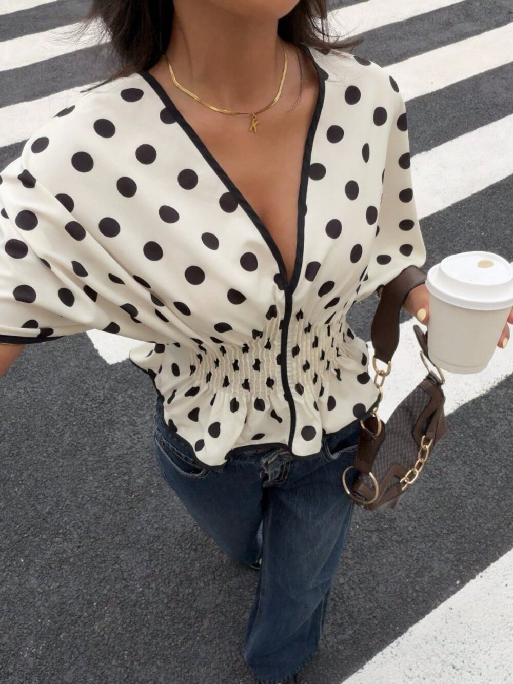 Apricot Casual Women's Elegant French Polka Dot Peplum V-Neck Short Sleeve Top